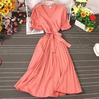 V-neck Plain Tie-waist Pleated Midi A-line Dress