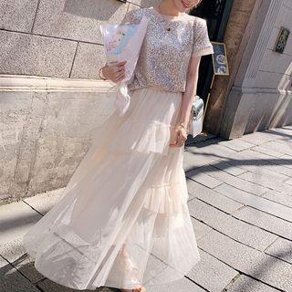 Set: Sequined Back-slit Short-sleeve Top + Mesh Maxi A-line Skirt