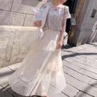Set: Sequined Back-slit Short-sleeve Top + Mesh Maxi A-line Skirt
