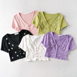 Daisy Embroidered Short-sleeve Crop Cardigan