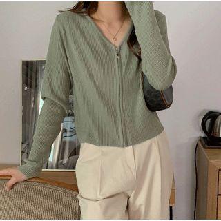 V-neck Rib-knit Zip-up Cardigan