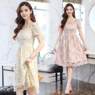 Square-neck Short-sleeve Lace A-line Dress