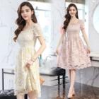 Square-neck Short-sleeve Lace A-line Dress