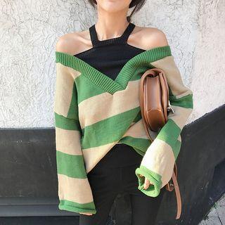 Striped Halter Color-block Mock-two Sweater