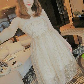 Spaghetti-strap Embroidered Faux Pearl Cocktail Dress