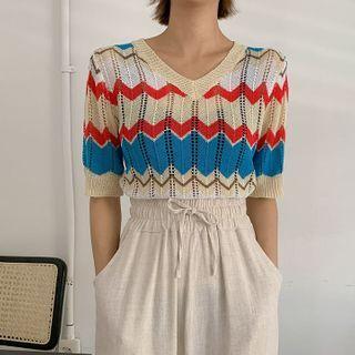 V-neck Chevron Pointelle-knit Top