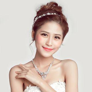 Bridal Set: Rhinestone Headband + Clip-on Earrings + Necklace