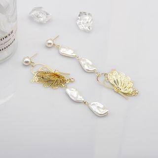 Butterfly & Faux Pearl Drop Earring 1 Pair - White & Gold - One Size