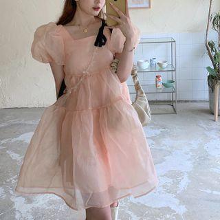 Short-sleeve Mesh Mini A-line Dress / Body Chain