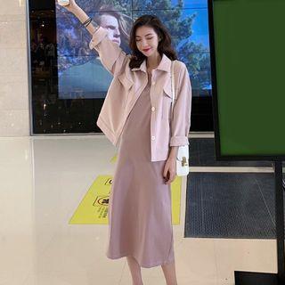 Back Slit Midi Spaghetti Strap Dress / Collared Button Jacket
