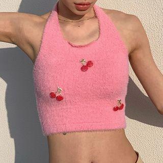 Halter Neck Cherry Embroidered Crop Tank Top
