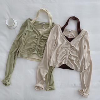 Set: Long-sleeve V-neck Top + Halter Camisole Top