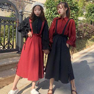 3/4-sleeve Shirt / Midi A-line Suspender Skirt