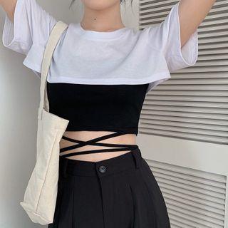 Short-sleeve Crinkled T-shirt / Spaghetti Strap Top