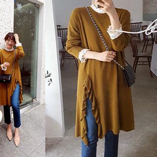 Slit-front Frill-trim Knit Dress