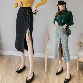 Lace-up Midi Ribbed Knit Skirt