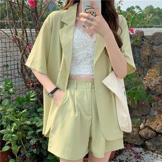 Set: Short-sleeve Plain Blazer + Wide Leg Shorts