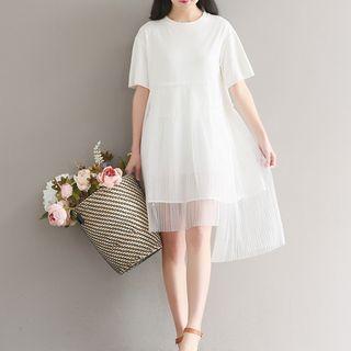 Plain Short Sleeve Pleated Mesh Trim T-shirt Dress