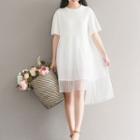 Plain Short Sleeve Pleated Mesh Trim T-shirt Dress