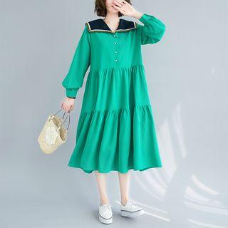 Sailor Collar Long-sleeve Midi Shift Dress Green - One Size