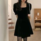 Short-sleeve Velvet Flared Dress