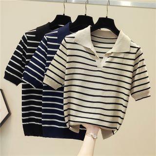 Short-sleeve Striped Knit Polo Top