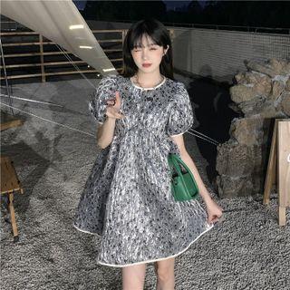Short-sleeve Floral A-line Dress Black & Silver - One Size