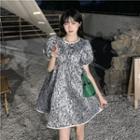Short-sleeve Floral A-line Dress Black & Silver - One Size