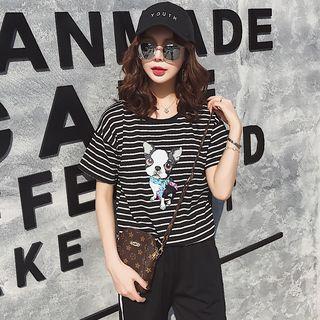 Set: Dog Print Striped Short Sleeve T-shirt + Contrast Trim Pants