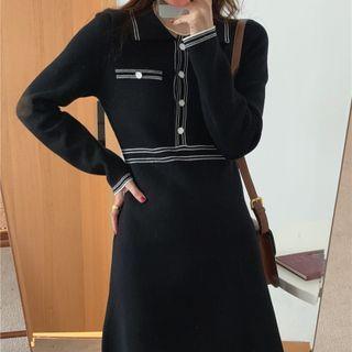 Collared Contrast Trim Knit Mini A-line Dress