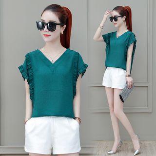 Cross Strap Frill Trim Cap Sleeve Blouse