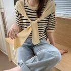 Striped Short-sleeve Knit Top With Shawl