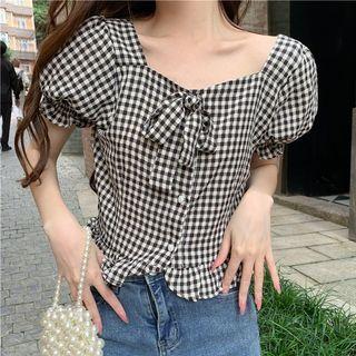 Puff-sleeve Plaid Square-neck Cropped Top