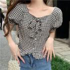 Puff-sleeve Plaid Square-neck Cropped Top