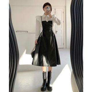 Ruffled Plain Shirt / Faux-leather Sleeveless Midi Dress