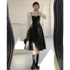 Ruffled Plain Shirt / Faux-leather Sleeveless Midi Dress