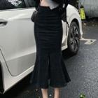 High-waist Slit Waist Fish Tail Denim Midi Skirt