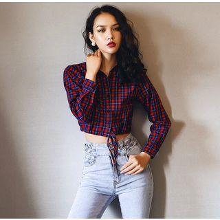 Drawstring-hem Checker Crop Shirt