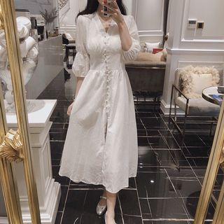Plain V-neck Puff-sleeve A-line Midi Dress
