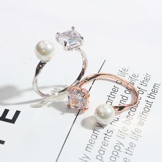 Rhinestone Faux Pearl Open Ring Rose Gold - One Size