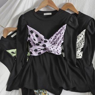 Long-sleeve Dotted Knot-front Panel Top