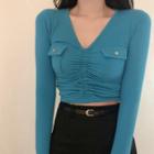 V Neck Ruched Long Sleeve Skinny Cropped Top