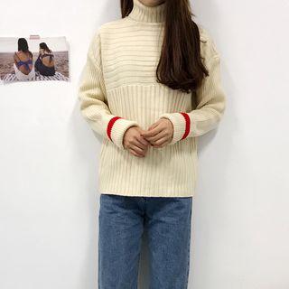 Turtleneck Contrast Trim Sweater Almond - One Size