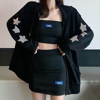 Set: Star Print Zip-up Hoodie + Bandeau + Mini Pencil Skirt Set Of 3 - Black - One Size