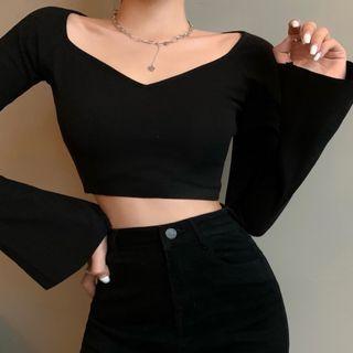 Bell-sleeve Cropped T-shirt Black - One Size