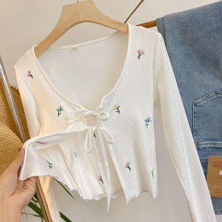 Set: Flower Embroidered Camisole Top + Flower Embroidered Slim-fit Cardigan