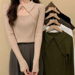 Mock Two-piece Cutout Polo Knit Top