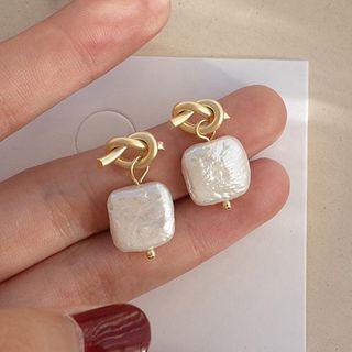 925 Sterling Silver Knot Freshwater Pearl Square Dangle Earring 1 Pair - S925 Silver Needle - Gold - One Size