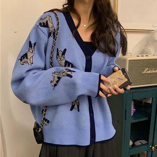 V-neck Contrast Trim Print Cardigan