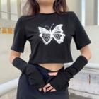 Detachable Sleeves Butterfly Print Cropped T-shirt